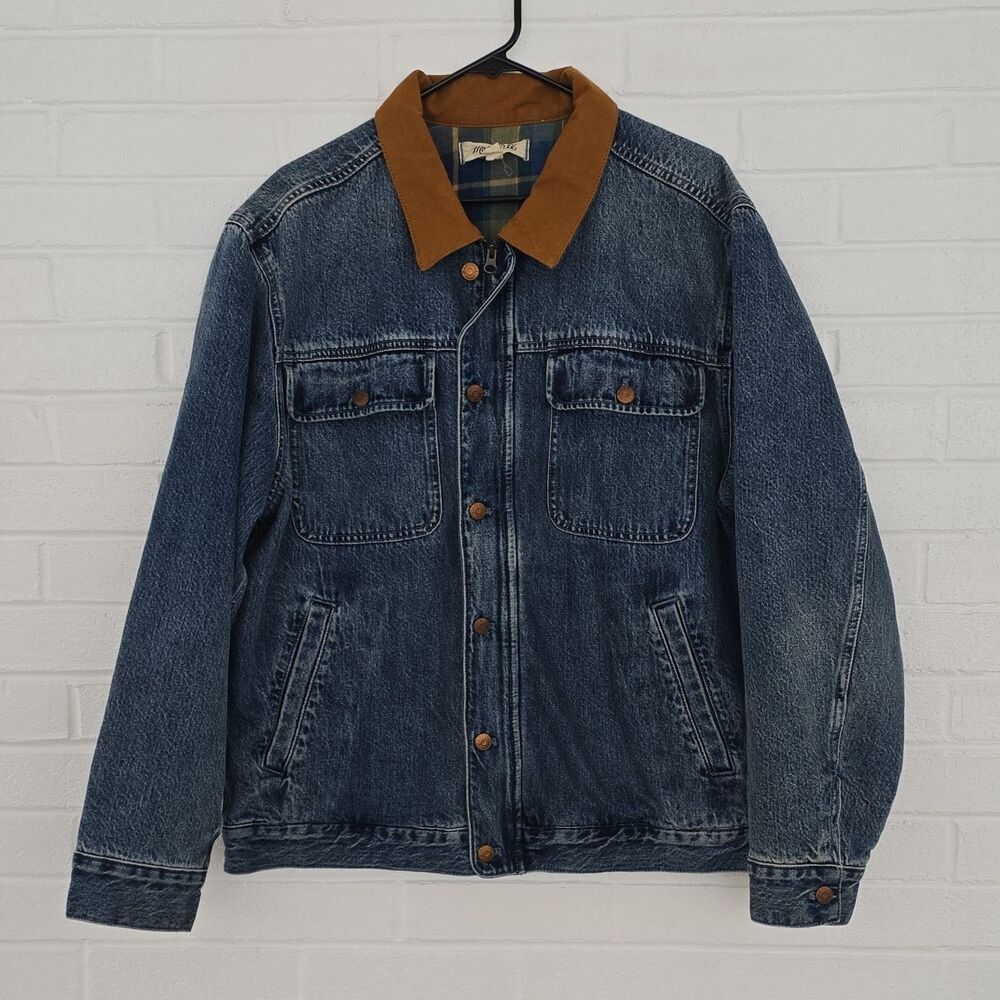 188$ Madewell Collar Plaid Lining Size L Denim Chore Jacket in Elston Wash